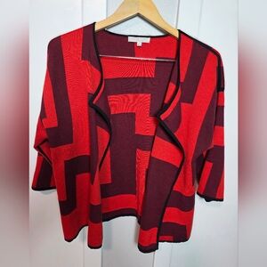Adrienne Vittadini Geometric Open Front Cardigan Red Burgundy Knit Size Large